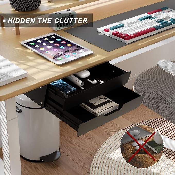 Under Desk Mounted Sliding Double Layer Drawer with Tilt Panel to Pull Out, 11.6'' Long & 10.4'' Deep Dual Storage Organizer for Sit Stand Workstation