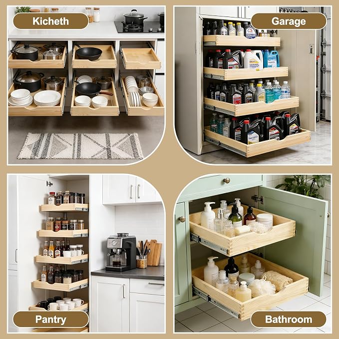 26" Pull Out Cabinet Drawer (Fits 27" Cabinet Opening), Wood Slide Out Cabinet Shelf Organizer with Ball Bearing Slides, Clear Lacquer Finish, Heavy Duty Kitchen Cabinet Pull Out Shelves