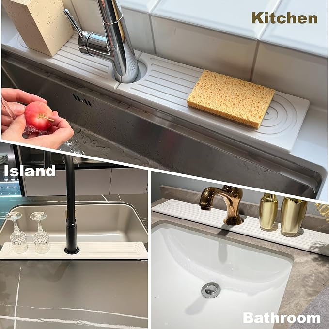 Faucet Mat for Kitchen Sink, Stone Drying Mat for Kitchen Counter, Stone Mat Bathroom, Kitchen Mat, Sink Mat, Water Absorbing Stone Tray for Sink, Bathroom Stone Mat (WHITE, 23.6*4")