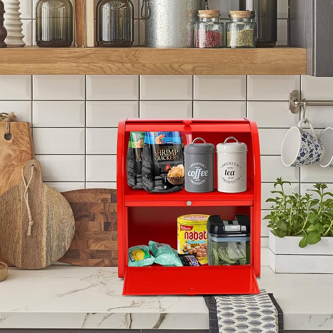 Widousy 2 Layer Metal Bread Boxes, Bread Box Storage Bin Kitchen Container with Roll Top Lid Iron Countertop Containers Metal Food Storage Bread Keeper Large Capacity Home Kitchen Counter（Red）