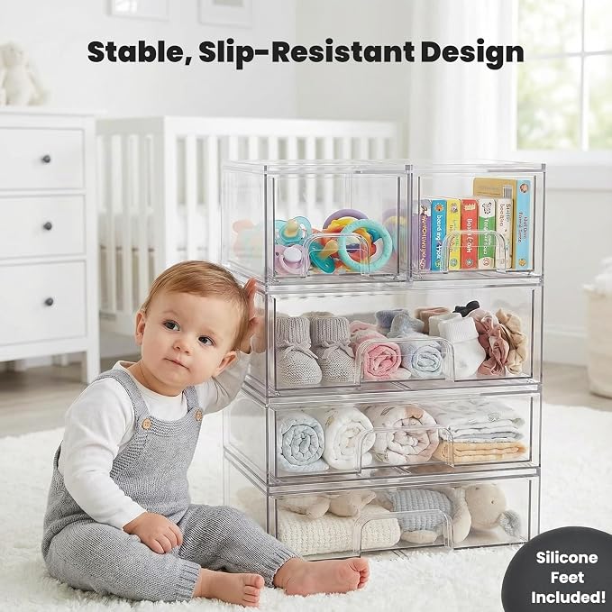 Clear Baby Bottle Organizer For Cabinet, Storage Bins with Pull-Out Drawers, 6-Pack Organizer Set with Labels, Premium PET Plastic Storage Organizer for Pantry, Bathroom, Vanity, Countertop