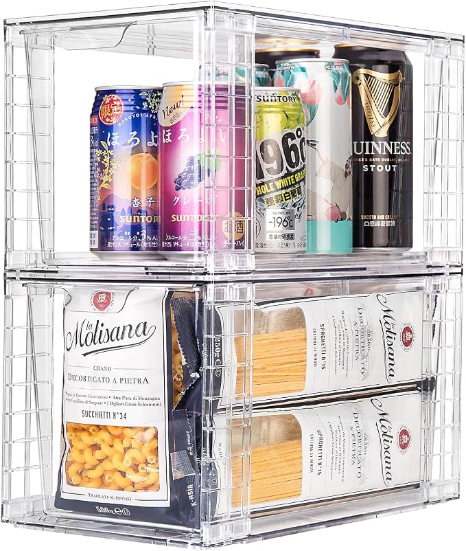 1Pack Large Stackable Kitchen Storage Drawers, Clear Foods Organizer Bins with Handles, Easily Assemble for Bathroom, Kitchen, Pantry, Cabinet, Closet(XL-UP Handle)