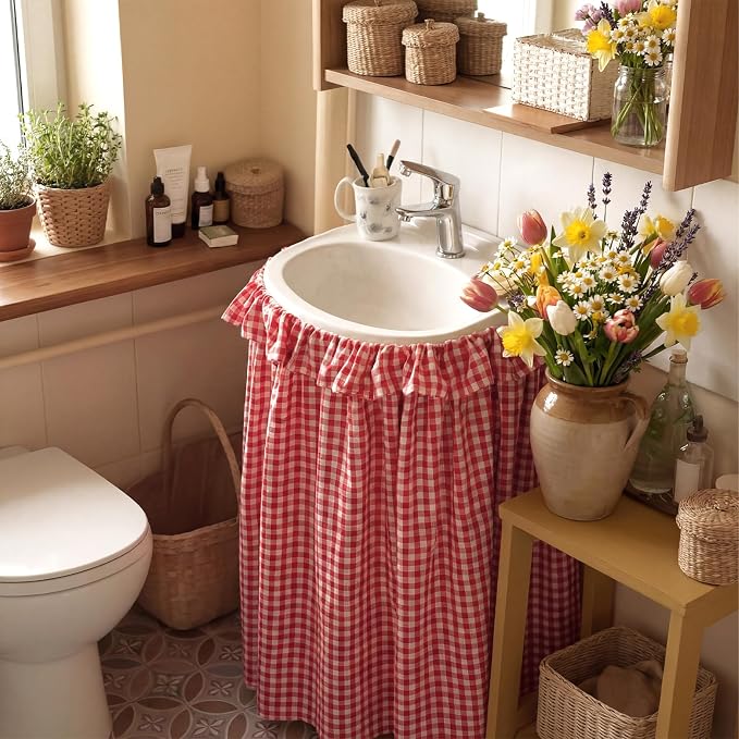Red Ruffle Gingham Sink Skirt Self-Adhesive Bathroom Stitch Self Stick Adhesive Fabric Under Sink Curtain Skirt 55'' x 32'' for Bathroom Kitchen Laundry Utility Room Decor (32 x 55in)