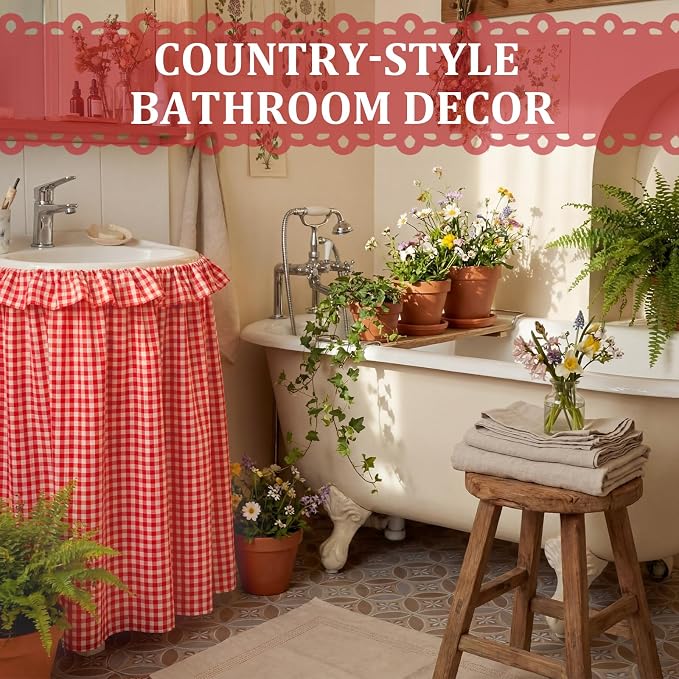 Red Ruffle Gingham Sink Skirt Self-Adhesive Bathroom Stitch Self Stick Adhesive Fabric Under Sink Curtain Skirt 55'' x 32'' for Bathroom Kitchen Laundry Utility Room Decor (32 x 55in)