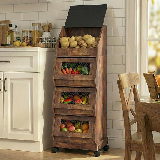 ARTETHYS Potato and Onion Storage Bin On Wheels, Movable 4 Tiers Freestanding Garlic and Onion Box Organizer, Bread and Vegetables Storage Cabinet Rack for Kitchen, Rustic