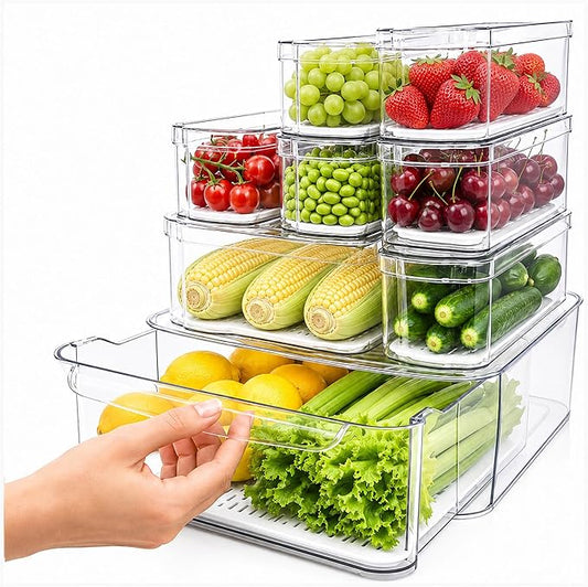 SMRCAD Refrigerator Organizers and Storage, 8 Pack with 1 Pull-Out Drawer and 7 Lidded Bins, Fruit Storage Containers for Fridge with Drain Trays, Helps Keep Produce Fresh