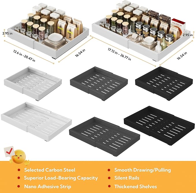 Pull Out Cabinet Organizer 16.54 inch Deep,Expandable Pull out Drawers for Cabinets Adhesive with Film, No Drill Slide Out Drawers for Kitchen Cabinets (Medium-Black)