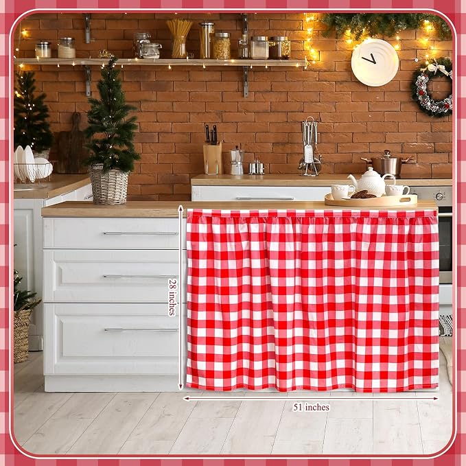 Cabinet Curtains 51 x 28 Inch Red and White Sink Skirt for Bathroom Kitchen Home Diamond Stitch Self Stick Adhesive Waterproof Fabric Farmhouse Rustic Drape Under Desk Privacy Drape Laundry Room