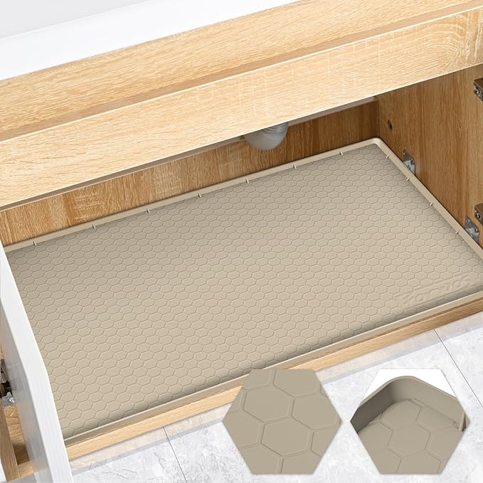 Waterproof Under Sink Mat 28" x 22", Silicone Cabinet Liner, Rubber Protector for Kitchen and Bathroom, Keeps Cabinets Clean, Dry, and Organized (Khaki)
