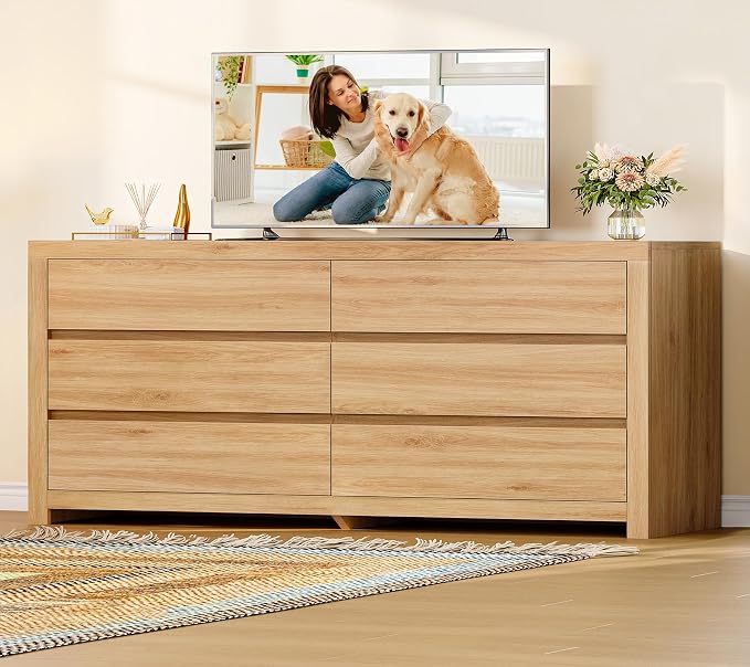 TEENFON 55" Dresser for Bedroom with 6 Drawers, Modern Dressers & Chests of Drawers with Metal Handles, Wooden Dresser TV Stand, Bedroom Dressers, for Bedroom, Hallway, Natural
