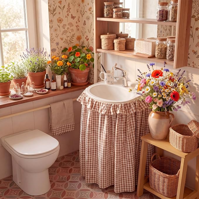 Brown Ruffle Gingham Sink Skirt Self-Adhesive Bathroom Stitch Self Stick Adhesive Fabric Under Sink Curtain Skirt 55'' x 32'' for Bathroom Kitchen Laundry Utility Room Decor