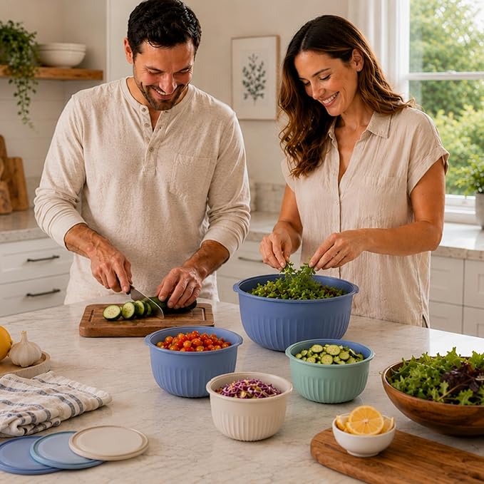Oggi Set of 4 Prep, Store & Serve Plastic Bowls - w/See-Thru Lids- Dishwasher, Microwave & Freezer Safe, (0.7, 1.4, 2.6, 4 Quarts) - Multicolor