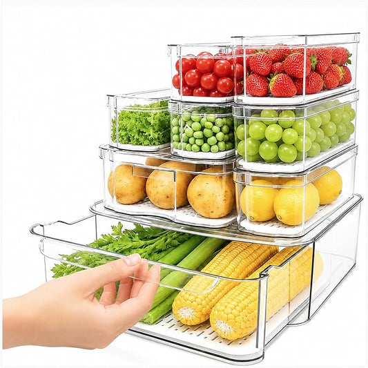 SMRCAD Fridge Organizers and Storage, 8 Pack Clear Freezer Organizer Bins with Lids for Kitchen, Pantry, Refrigerator, Food, Fruit, Vegetable Storage (8 Bins (Include Pull-out Drawer))