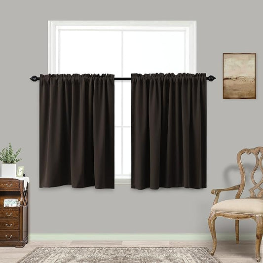 KOUFALL Chocolate Brown Small Window Curtains, Thermal Short Blackout Curtains for Kitchen Over Sink Bathroom Window Cabinet Bedroom, 34W x 24 in Length