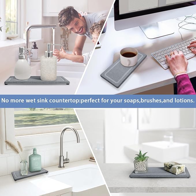 2 PCS Water Absorbing Stone Trays for Bathroom Sink & Kitchen Counter, Fast-Drying Diatomite Sink Coasters, Vanity Tray, Hand Soap Holder with Anti-Skid Pads (11" x 4.7" Gray)