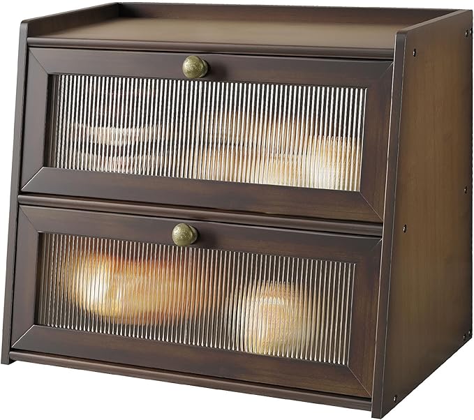 Double Layer Large Bamboo Bread Box for Kitchen Counter, Wooden Large Capacity Bread Storage Bin with Window Bread Holder (Brown)