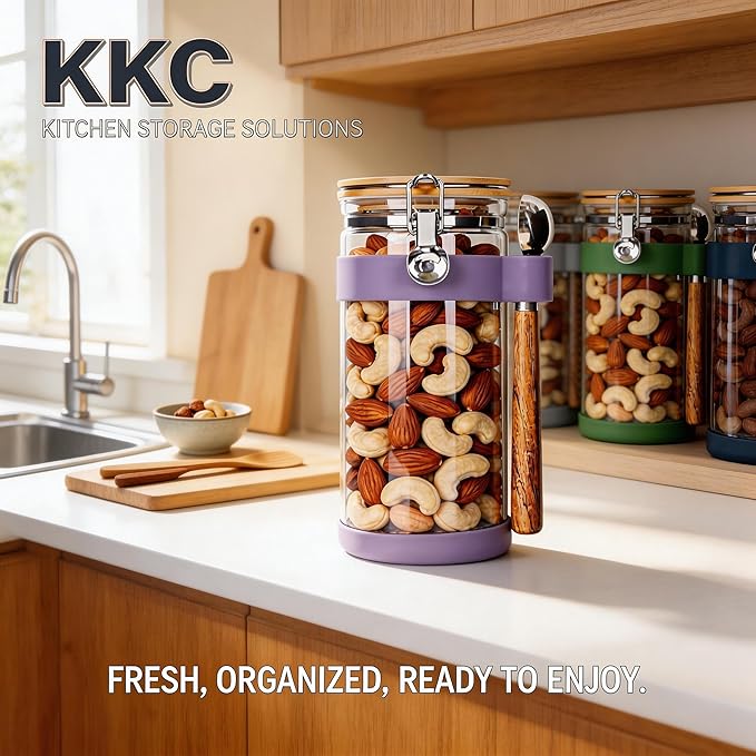 KKC 1.5-Quart Large Glass Nuts Storage Container, Airtight Food Storage Jar with Bamboo Lid & Scoop, Keeps Nuts Crunchy & Fresh, Perfect for Pantry Organization & Storing Nuts, Almonds, Peanuts