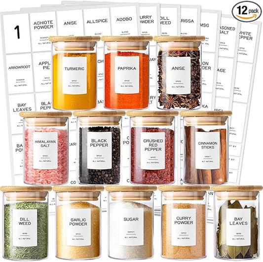 12 Pcs Glass Spice Jars with Bamboo Airtight Lids & 201 Labels - 8oz Small Empty Food Storage Containers for Kitchen, Seasonings, Herbs, Salt