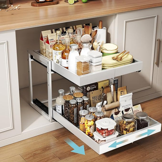 Golener 2-Tier Expandable Pull Out Cabinet Organizer - 21" Deep Slide Out Drawers for Kitchen Cabinets, Bathroom Organizers and Storage, Under Sink Organizer for Kitchen Storage Organization, White