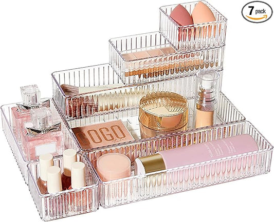 Vtopmart 7 PCS Clear Makeup Drawer Organizers Bins, 4-Size Stackable Makeup and Vanity Organizer Trays, Acrylic Bathroom Storage Containers for Cosmetic, Toiletries, Office Supply, Utensils, Gadgets