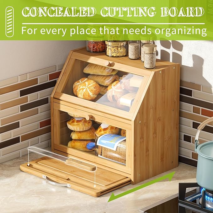 BMOSU Bread Box with Cutting Board Kitchen Bread Storage Organizer Farmhouse Countertop Double Bamboo Wood Bread Box(Natural)