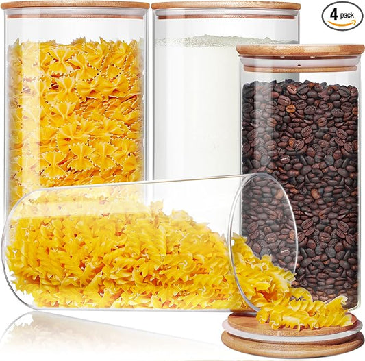 HomArtist Large Glass Flour and Sugar Containers 180oz x2 & 93oz x2 [Set of 4], Glass Food Storage Containers with Bamboo Lids, Glass Jar with Airtight Lid for Spaghetti Pasta,Rice,Cereal,Coffee, Oat