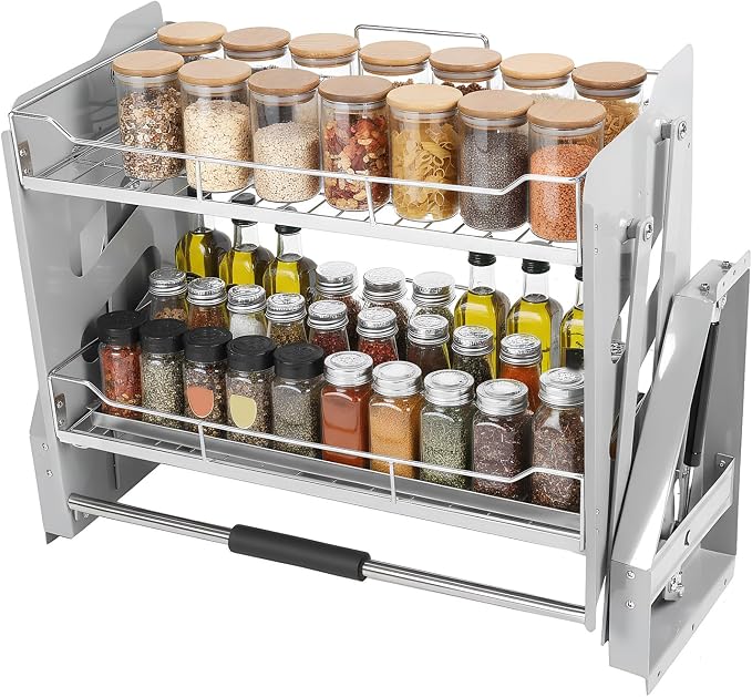 2-Tier Pull-down Storage Lift Cabinet Wall Cupboard Lifting Basket 304 Stainless Steel 22-34 Inch Width for Snacks Bowls Plate (900)