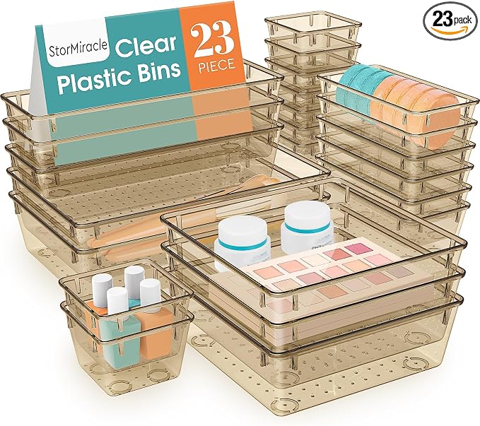 StorMiracle 23 PCS Drawer Organizer Set, 5 Varied Size Bathroom and kitchen Drawer cabinet organizer Trays, Clear Storage Bins for Makeup, Jewelry, Utensils and Gadgets, Champagne