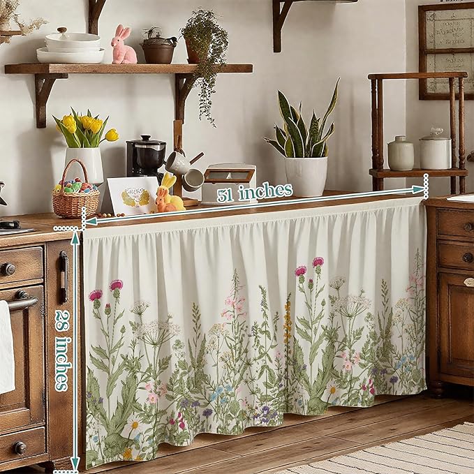 MUGINYU Cabinet Curtains 28" W x 51" L Sink Skirt for Bathroom,Floral Botanical Flower Short Curtains for Kitchen &Classroom,Boho Spring Colorful Leaves Closet Dishwasher Curtain with Velcro