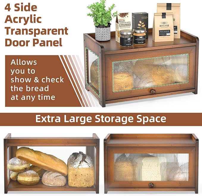BAMBANG Bamboo Bread Box for Kitchen Countertop, Extra Large Farmhouse Bread Box with 4-Side Clear Panels, Wooden Bread Storage Container for Homemade Bread, Amber