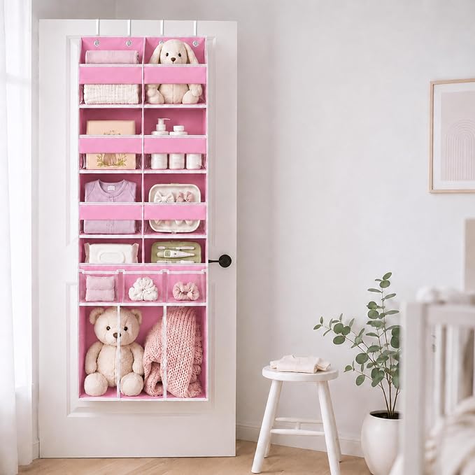 Extra Large Over The Door Organizer with Clear Pockets - 8 Compartments & XL Bottom Storage, Heavy-Duty Hanging Organizer for Bathroom, Bedroom, Closet (57 Inch Height). (Pink)