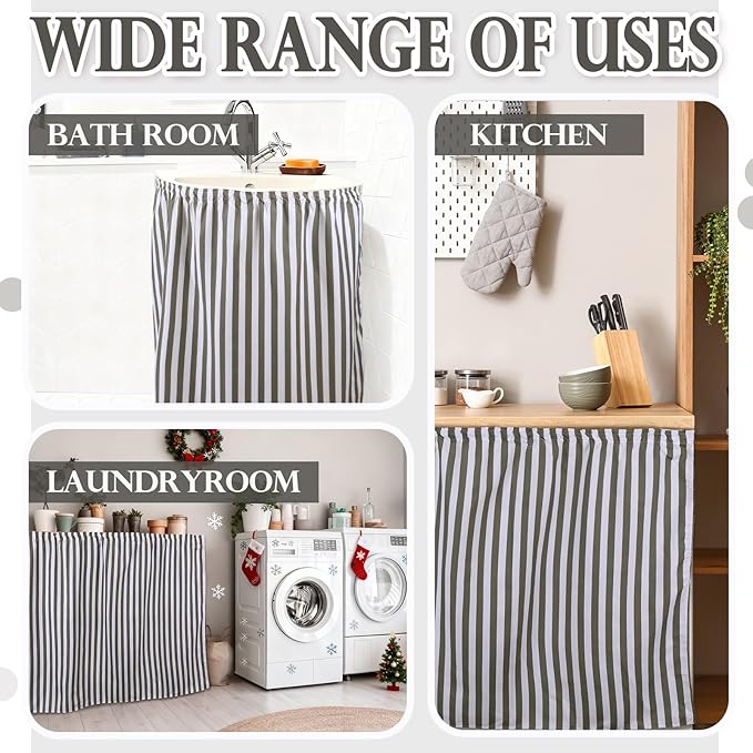 Hahafelt Self-Adhesive Sink Skirt, 55"x32" Waterproof Fabric Under Sink Cover with Diamond Stitch, Hide Pipes & Storage for Bathroom, Kitchen, Laundry Room, Rental Home Decor(Stripe)