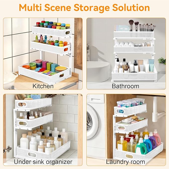 Under Sink Organizer for Bathroom, 3 Tier Adjustable Height Under Sink Storage, Sliding Pull Out Cabinet Organizer Shelf, Metal Multi-Purpose Cabinet Organizer for Kitchen (2 Pack, White)