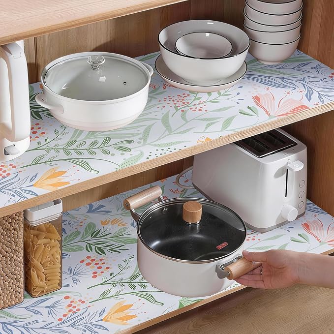Drawer Shelf Liner, Non-Slip Kitchen Cabinet Liners Non-Adhesive Thick Strong Grip Waterproof Mats Protect Dresser Shelves Cupboard Bathroom Cabinets, Green Plaid, 17.5 in X 20 FT