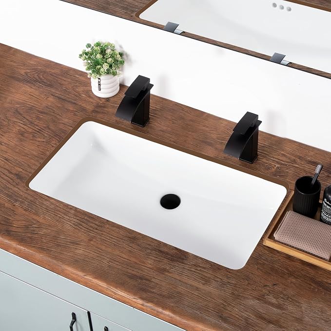 32 Inch Undermount Bathroom Sink White Ceramic Rectangular Under Counter Bathroom Sink for Cabinet Porcelain Vanity Sinks,Overflow Type (31.9"x16.5")