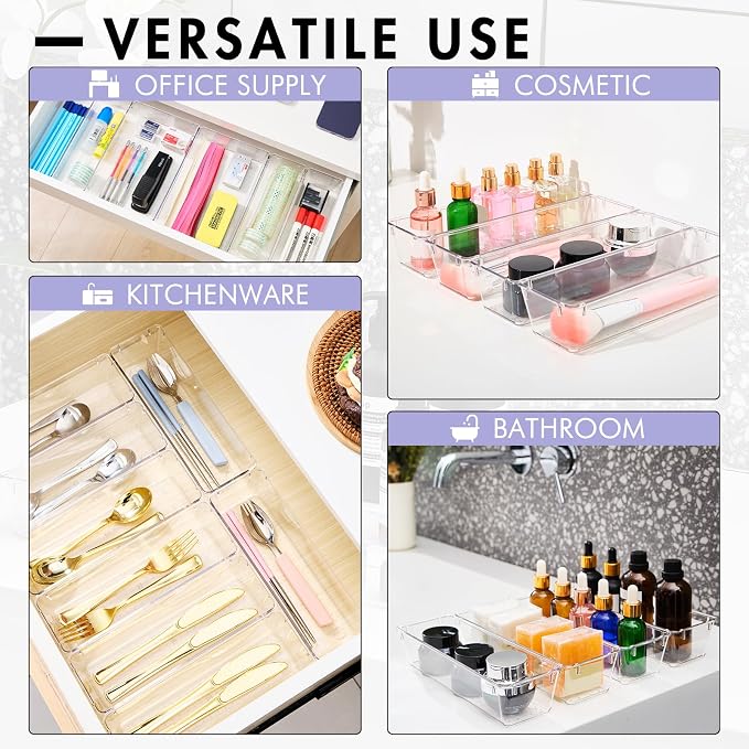 HOUSE DAY Desk Drawer Organizer Bins 8 PCS, 9*3*2" Clear Drawer Organizers with Silicone Pads, Vanity Organizers and Storage, Non Slip Plastic Drawer Organizer for Makeup, Bathroom, Kitchen, Office