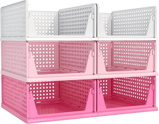 Pink Girl Closet Organizers and Storage Stackable Plastic Drawer Basket for Clothing Stackable Storage Bins Shelf Storage Container for RV Closet Wardrobe Bedroom Bathroom Playroom 6 Pack