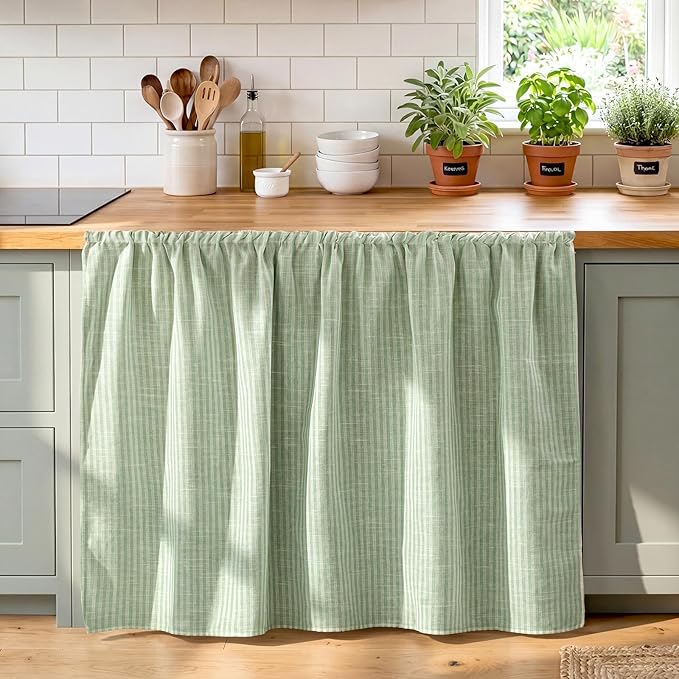 VitalCozy Cabinet Curtain 35" W X 35" L Sink Skirt for Bathroom Kitchen Sage Green Stripes Spring Short Curtain for Home Classroom Farmhouse Rustic Drape Under Desk Privacy Drape for Laundry Room
