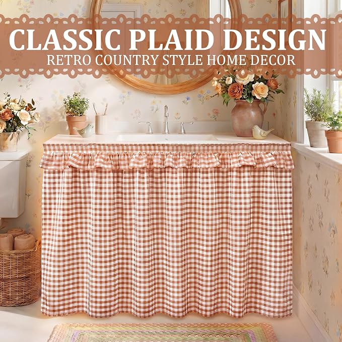 Brown Ruffle Gingham Sink Skirt Self-Adhesive Bathroom Stitch Self Stick Adhesive Fabric Under Sink Curtain Skirt 55'' x 32'' for Bathroom Kitchen Laundry Utility Room Decor