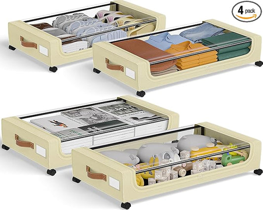 GoMaihe Under Bed Storage with Wheels:48L Underbed Storage Containers with Lids - Rolling Bins for Shoes Clothes in Dorm Bedroom - Metal Drawers Easy Pull-out Beige 4-Pack