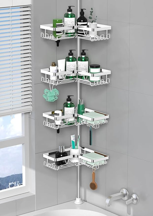 DAOYA Corner Shower Caddy Tension Pole - Chrome Tension Rod Shower Caddy Adjustable Shampoo Holder for Bathroom/Bathtub/RV, Stainless Steel, Floor to Ceiling 25-114.2 inch