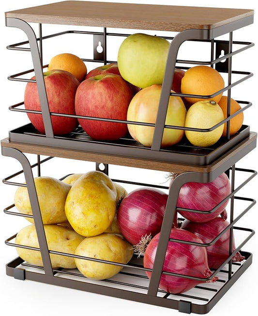 TIDIIABODE Extra Large 2 Pack Potato and Onion Storage Bins,Stackable Storage Pantry Organizers, Kitchen Storage Bins for Potato and Onion, Wall Mount Trash Bag Holder with Bamboo Top, Brown
