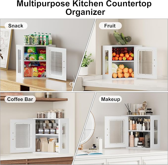 TQVAI Corner Bread Box for Kitchen Countertop, Solid Wood Double Layer Large Storage Container with Adjustable Shelves, Farmhouse Acrylic Window Design, White