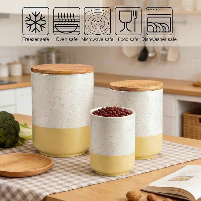 Food Storage Jars with Airtight Wood Lids,3-Pack Ceramic Canister Set for Flour Cereal Sugar Tea Coffee Beans Snacks– Modern Container Kitchen Pantry Storage Jar(White)