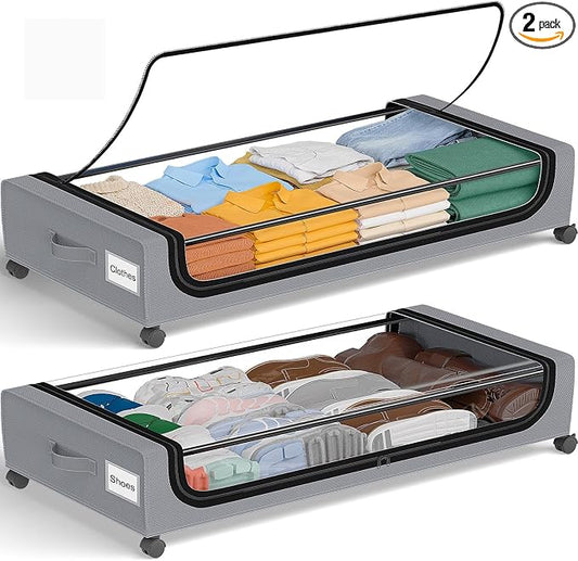 GoMaihe Under Bed Storage with Wheels: 70L Underbed Storage Containers with Lids - Rolling Bins for Shoes Clothes in Dorm Bedroom - Metal Drawers Easy Pull-out Grey 2-Pack