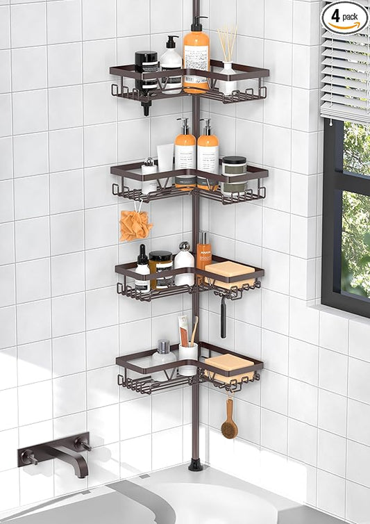 KEGII 4-Tier Corner Shower Caddy Tension Pole - Waterproof Shower Rod Organizer, Floor to Ceiling Tension Rod 25-114.2 inch, Stainless Steel Corner Shower Shelf, Bronze