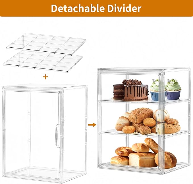 SANKEU Pastry Display Case,Bread Box for Kitchen Countertop,3 Layers Adjustable Clear Bread Storage with Magnetic Door Small Bakery Pastry Display,1 Pack