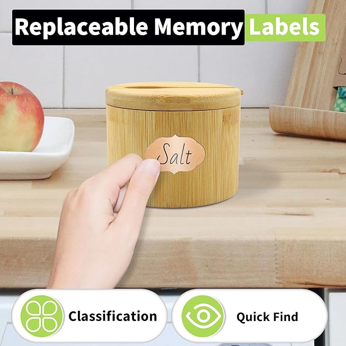 4 Pcs Bamboo Salt Containers for Countertop, Salt and Pepper Bowls with Magnetic Swivel Lid & Spoon, Salt Shakers for Kitchen, Spices Storage Jars, Sugar Holder (4 Pack)