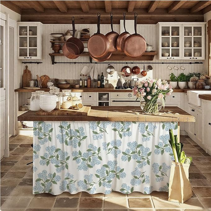 MUGINYU Cabinet Curtains 28" W x 51" L Sink Skirt for Bathroom,Blue Green Floral Hydrangea Short Curtains for Kitchen &Classroom,Vintage Farmhouse Closet Dishwasher Curtain with Velcro