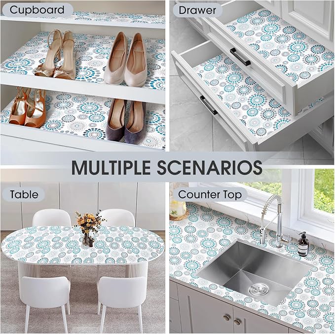 Drawer and Shelf Liner, Non-Slip Kitchen Cabinet Liners Non-Adhesive Thick Strong Grip Waterproof Washable Mats Protect Dresser Shelves Cupboard Bathroom Cabinets, Spiral, 12 in X 10 FT